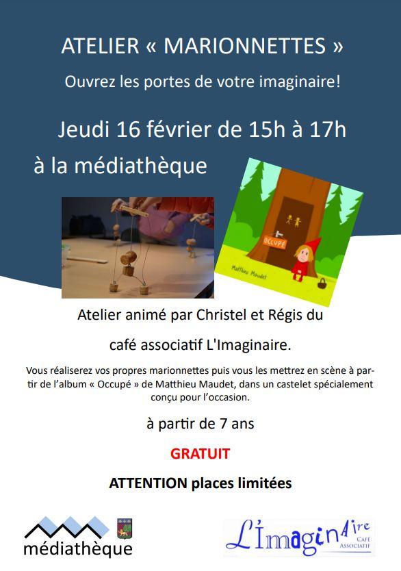 Atelier marionnettes 16 fevrier 2023 affiche